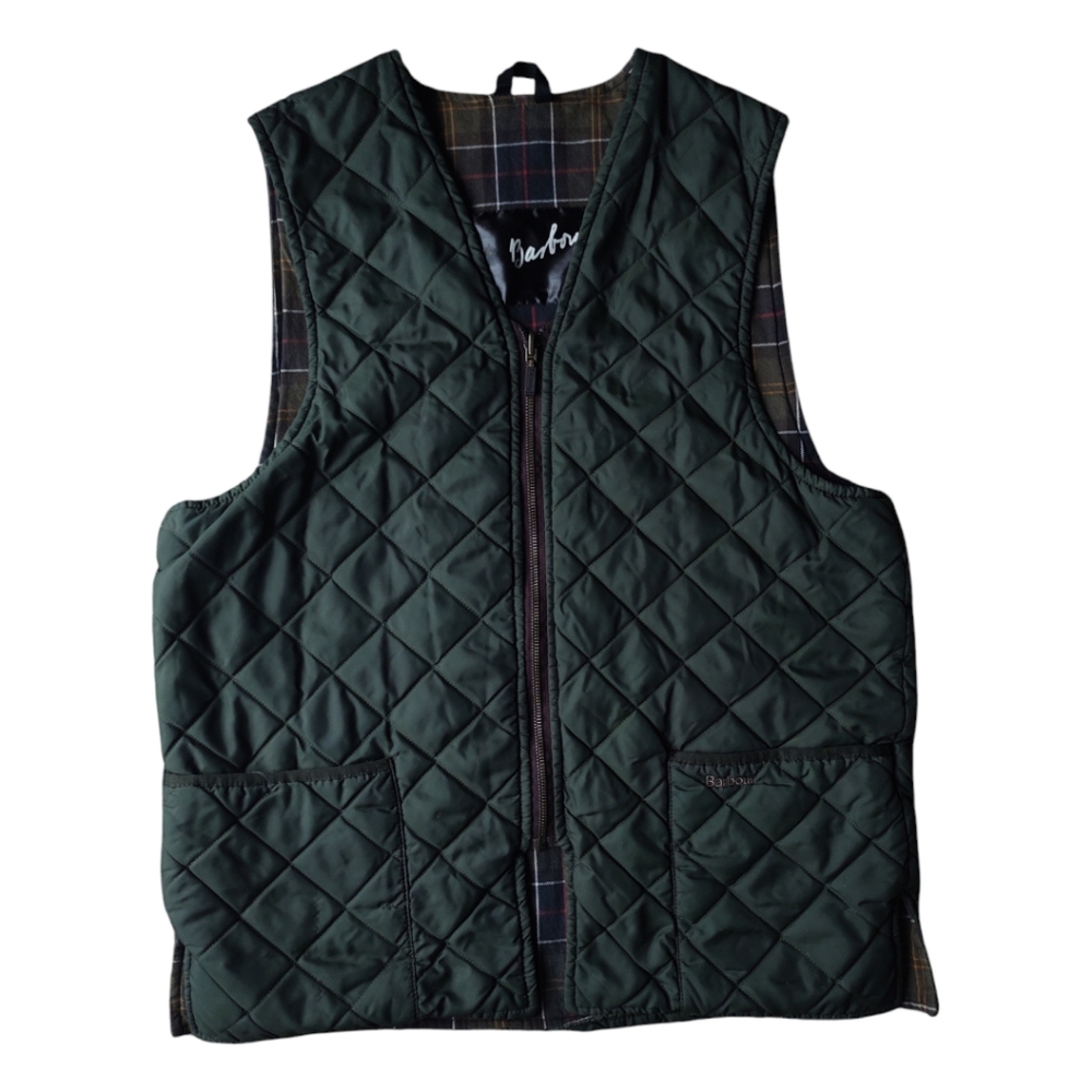 Barbour Vest Size 44 Men Green A855 Diamond Quilted Waistcoat Zip Tartan Lined
